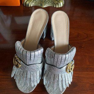 100% GUCCI Marmont Silver GG Mules Heels BOX 41 11